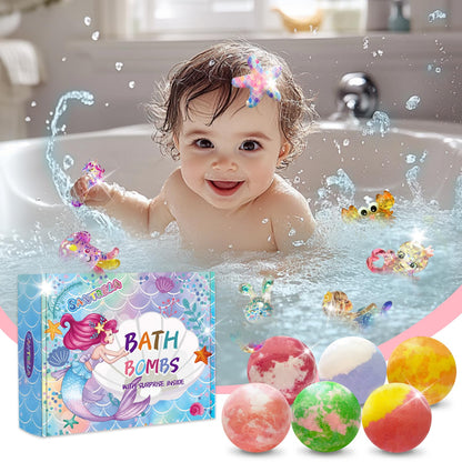 Twelve colourful fizzy spa bath balls arranged with surprise mermaid toys