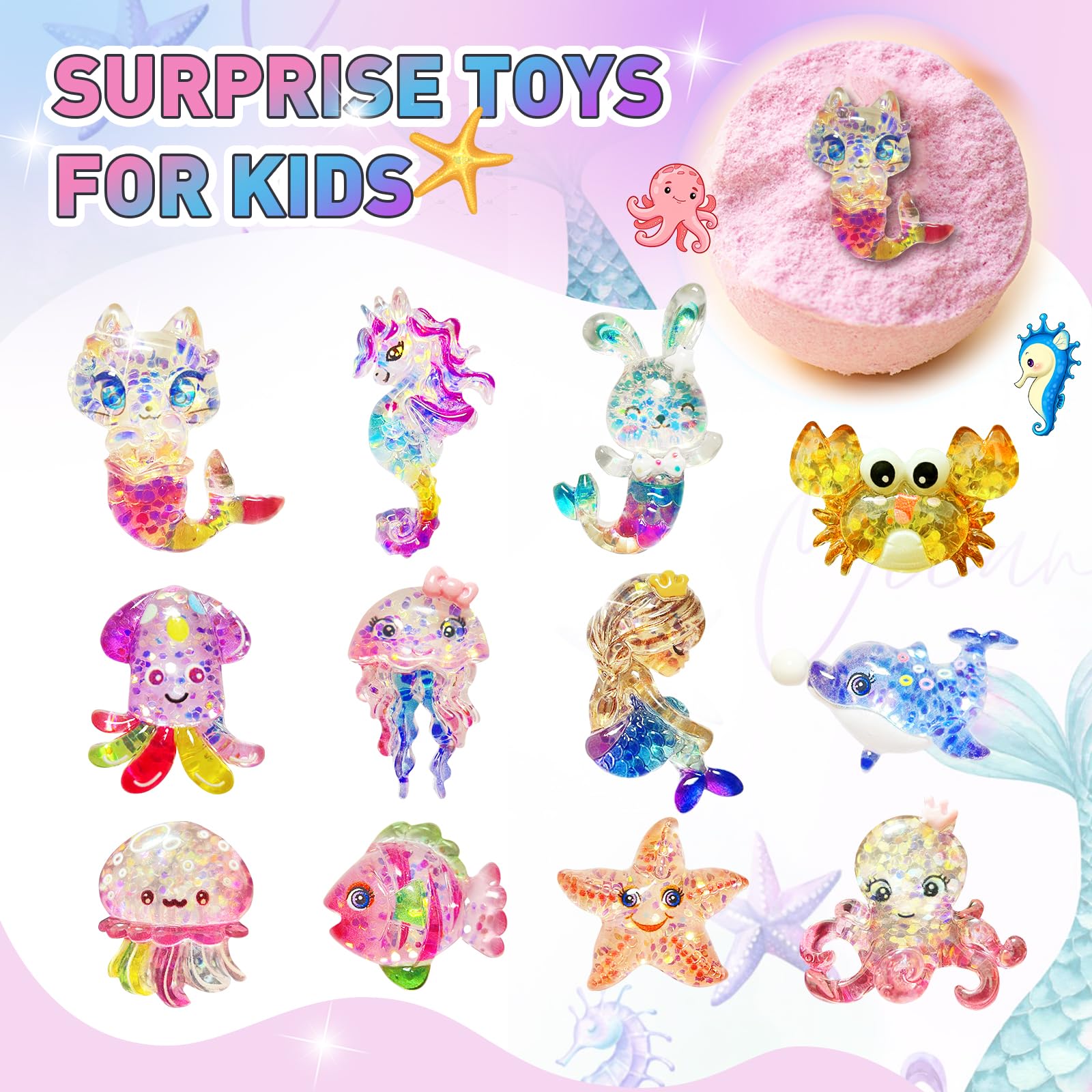 Glitter mermaid toys and sequined hair clips included in the kids gift set