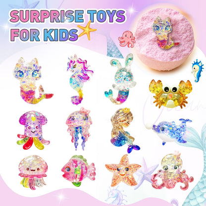 Glitter mermaid toys and sequined hair clips included in the kids gift set