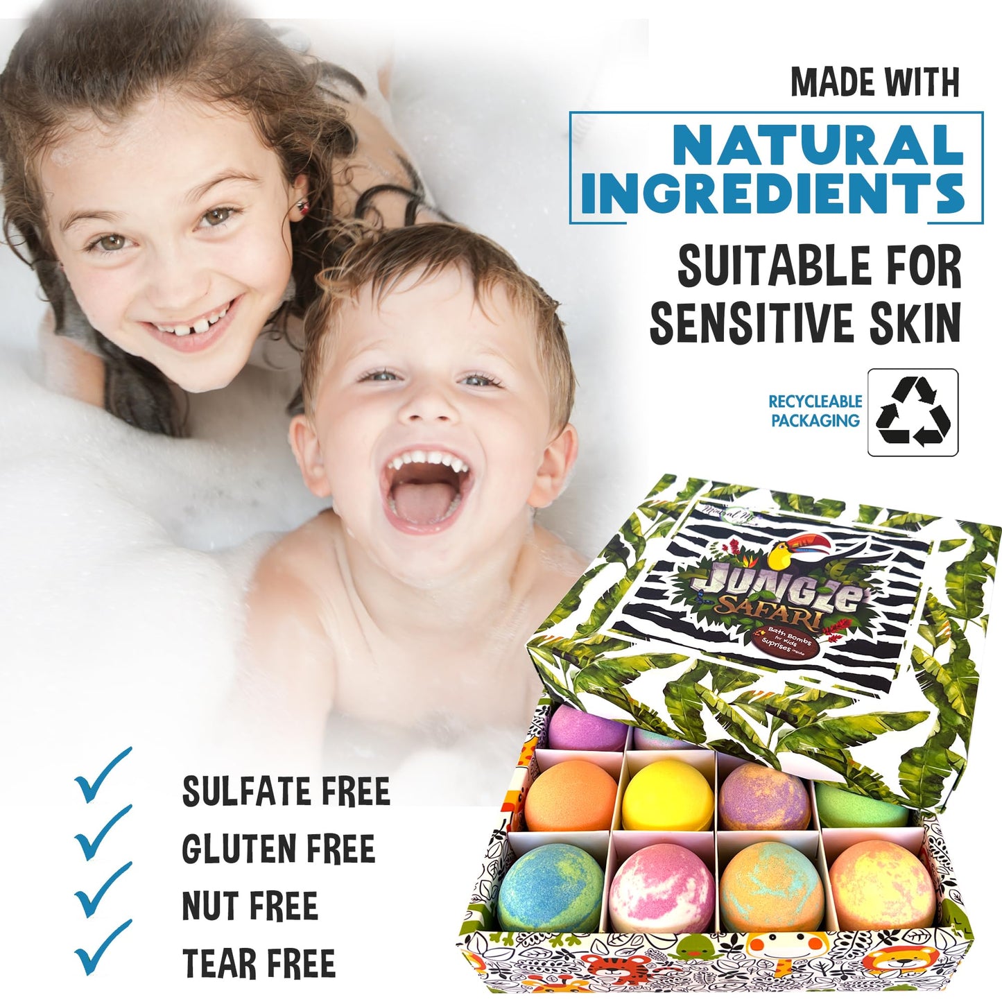 Mineral Me California children spa gift set opened package with twelve individual colored fizzing spheres.