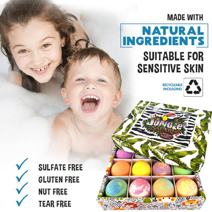 Mineral Me California children spa gift set opened package with twelve individual colored fizzing spheres.