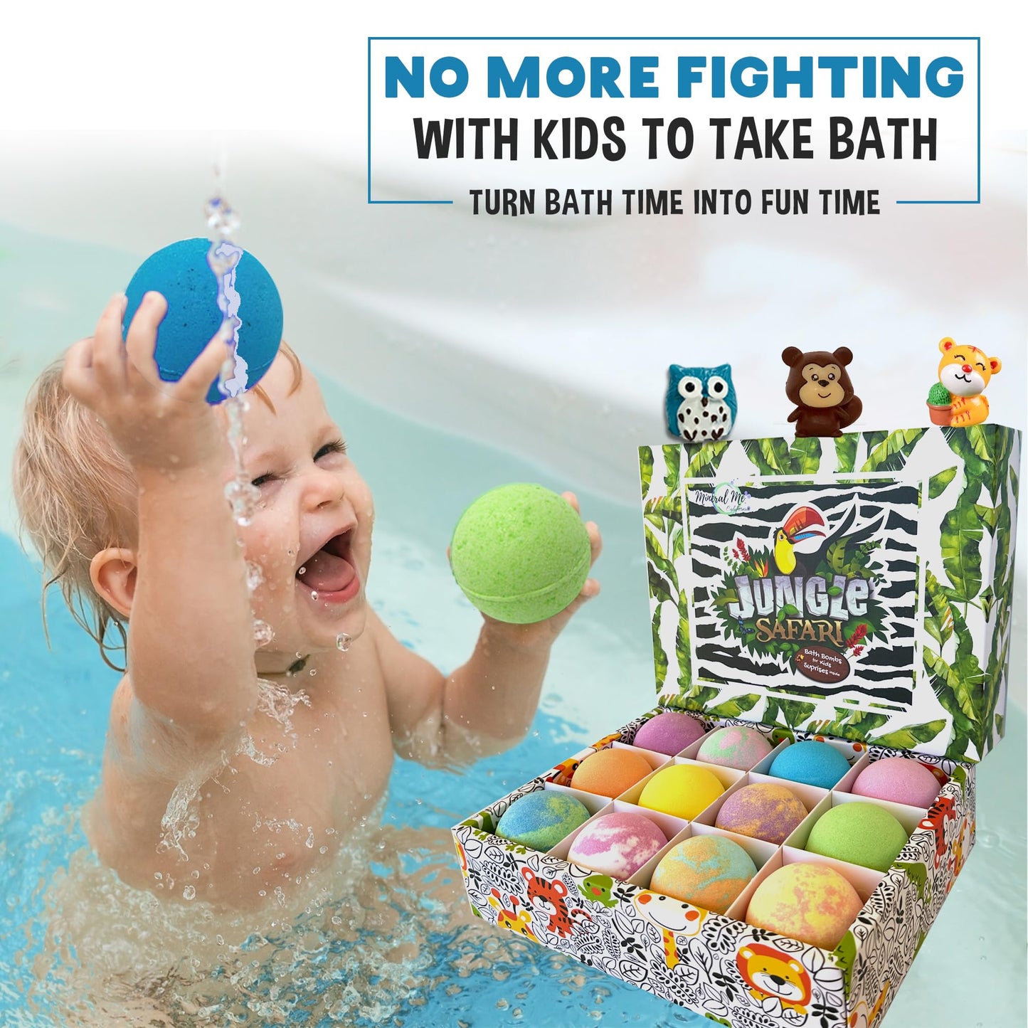 Mineral Me California imported kids bath accessories safe non staining formula demonstration packaging.