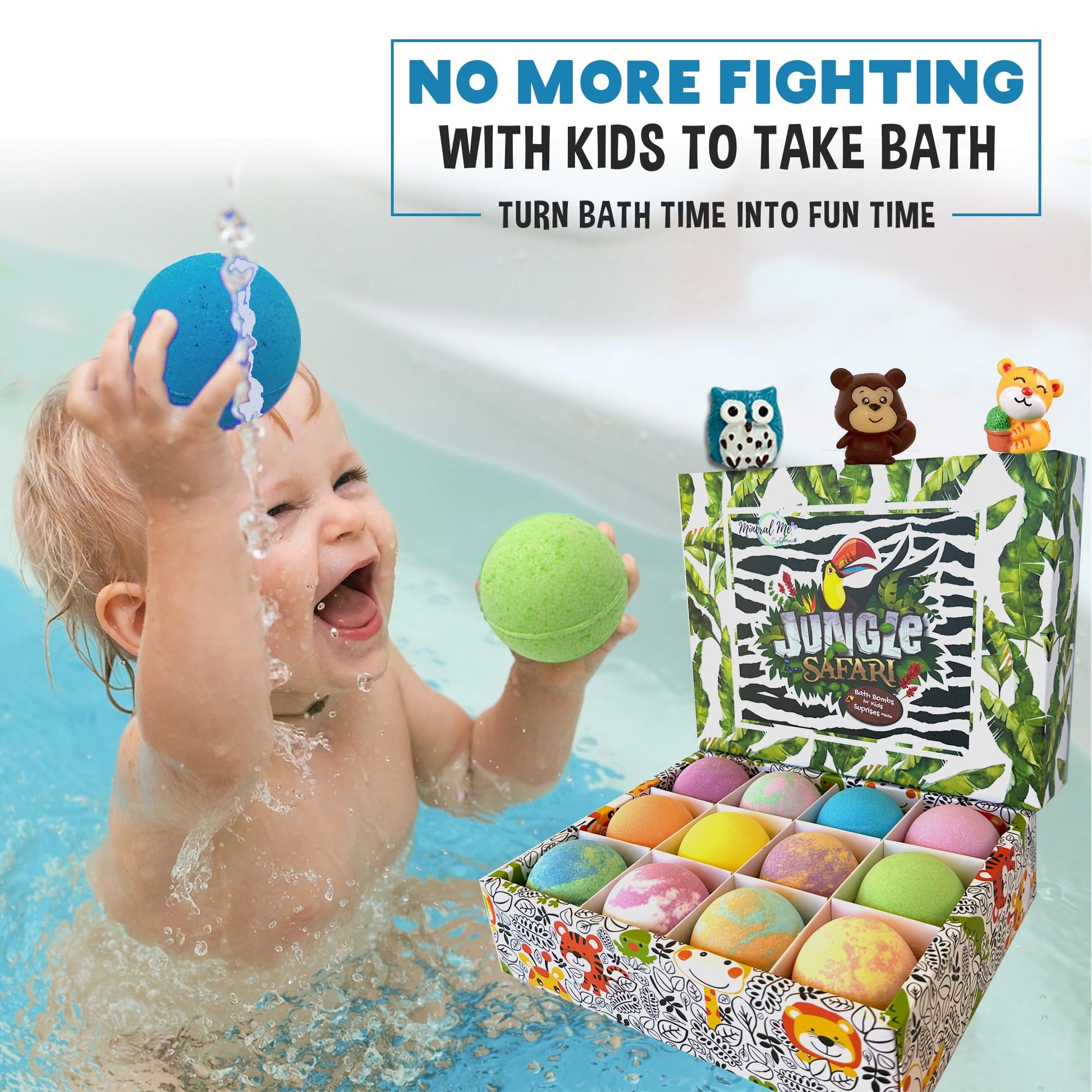 Mineral Me California imported kids bath accessories safe non staining formula demonstration packaging.