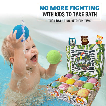 Mineral Me California imported kids bath accessories safe non staining formula demonstration packaging.
