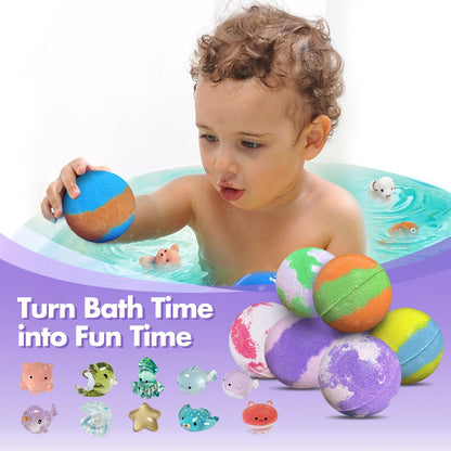 Thirty-two pack natural kids bath bombs showing land and sea animal figurines