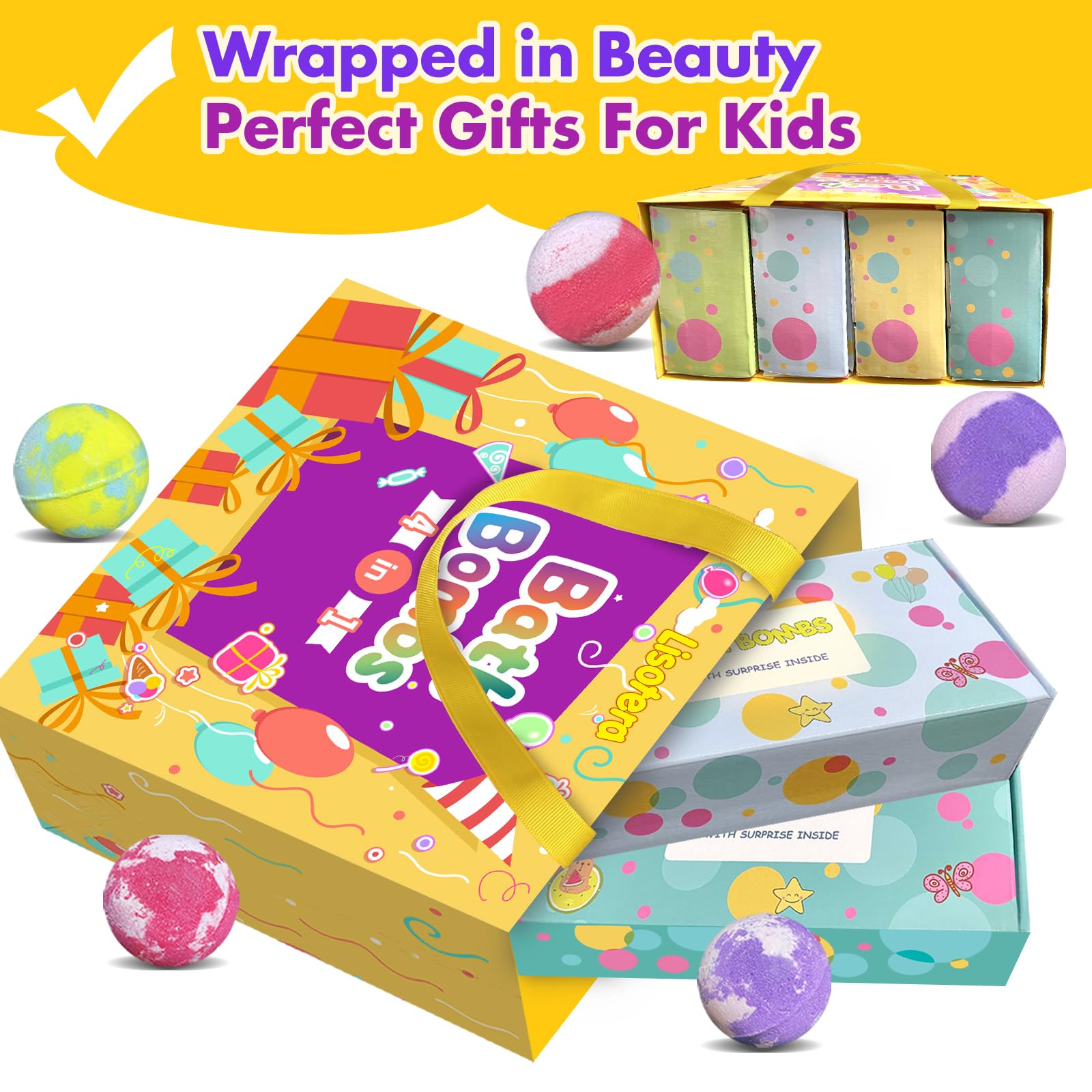 Non-toxic colorful kids bath balls set with fruit scents and surprise toys