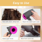 User demonstrating blow dryer comb attachment for curly hair styling