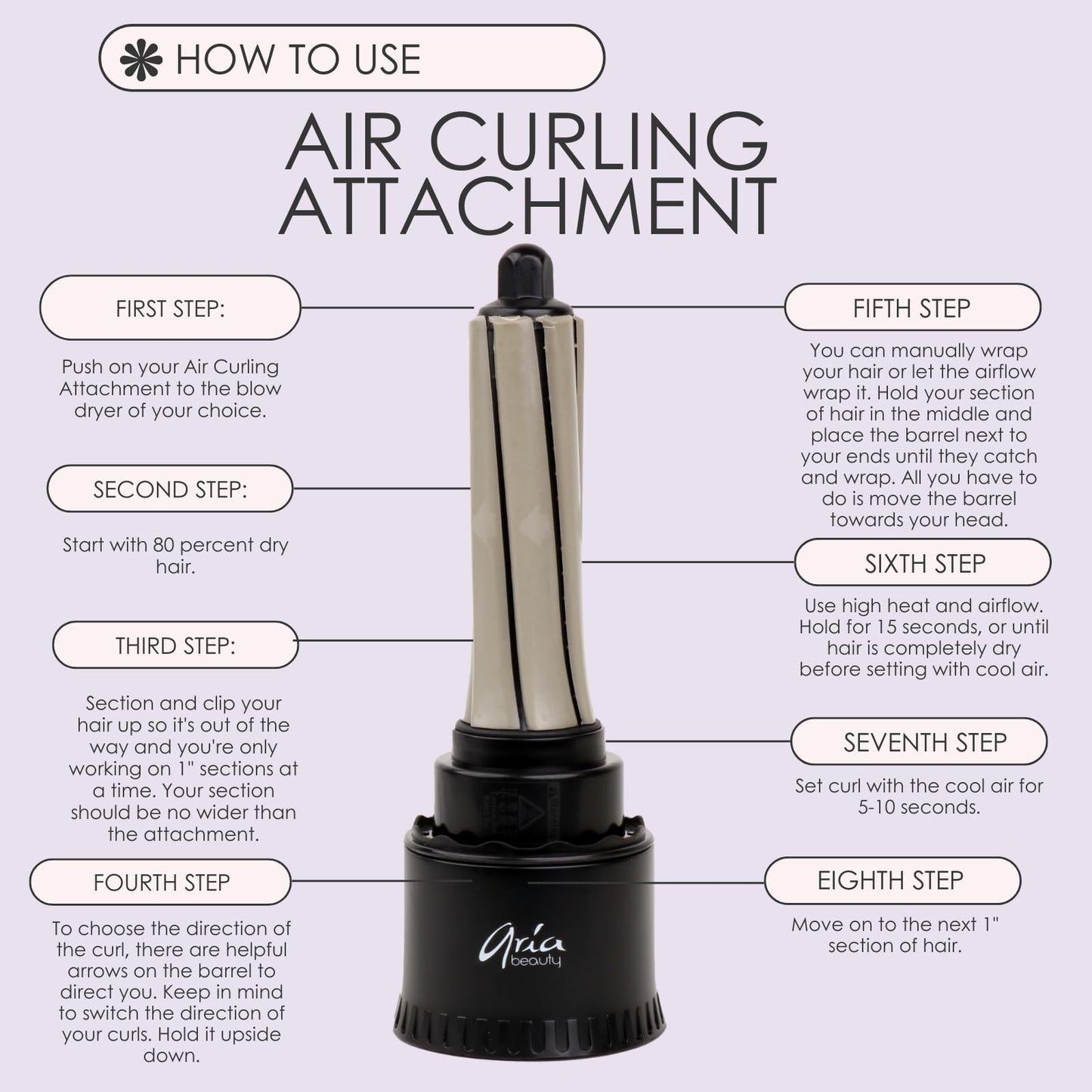 Aria Beauty air curling nozzle showing directional airflow arrows