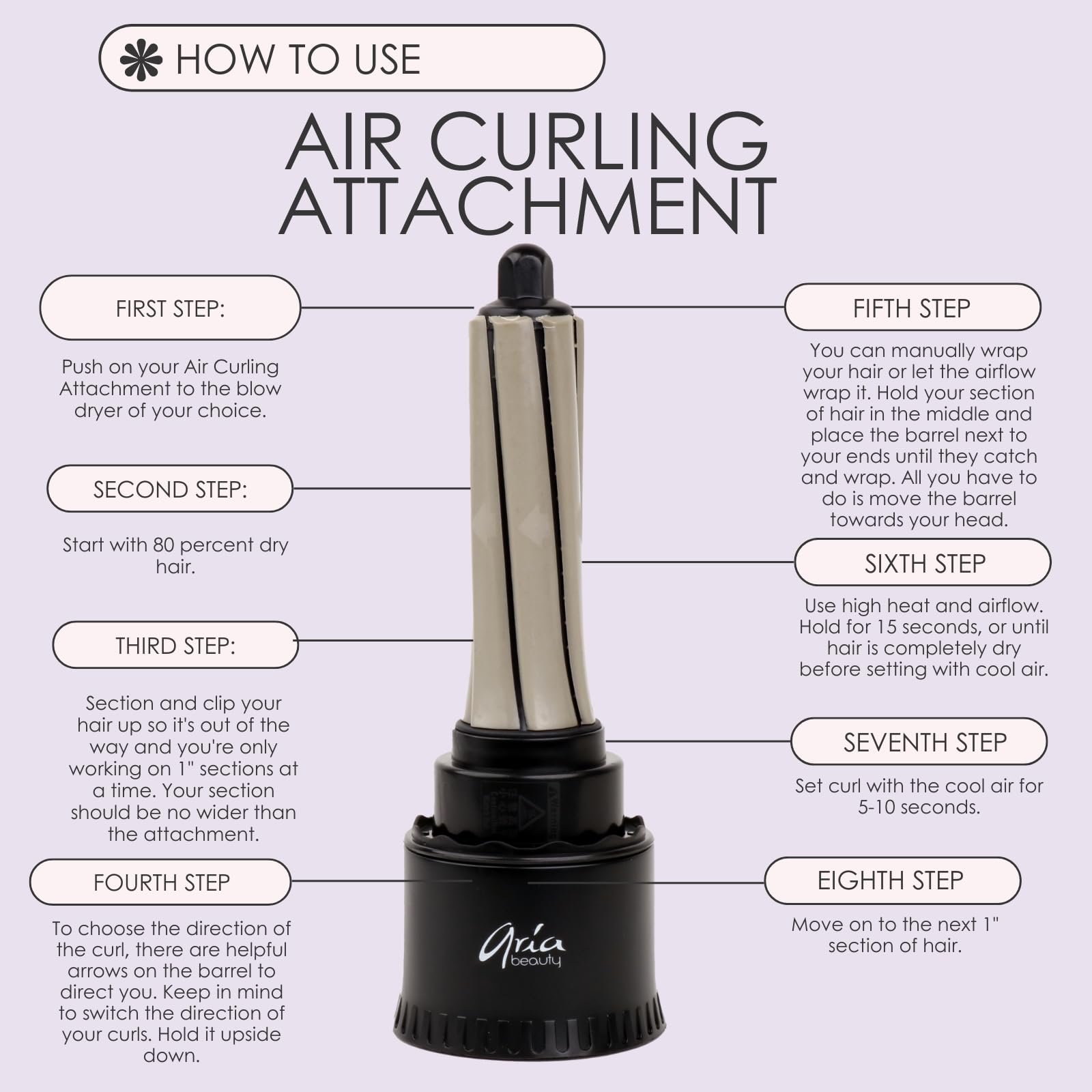 Aria Beauty air curling nozzle showing directional airflow arrows