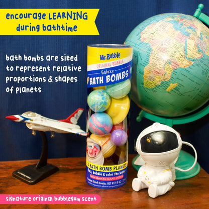 Kids educational STEAM bath bomb set in signature bubble gum fragrance.