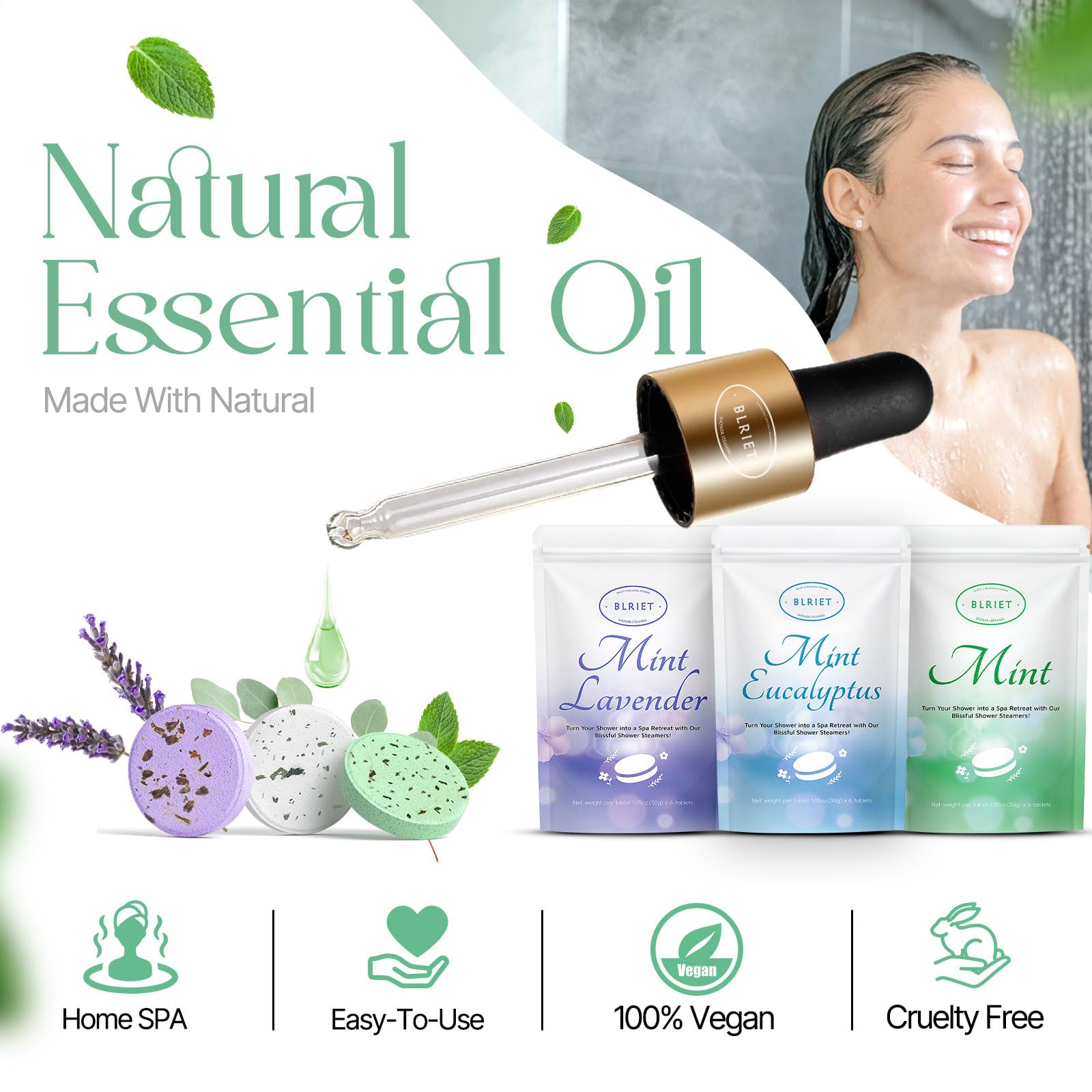 Premium relaxation shower tablets dissolving lightly under warm bathroom steam to release aromatic plant oils