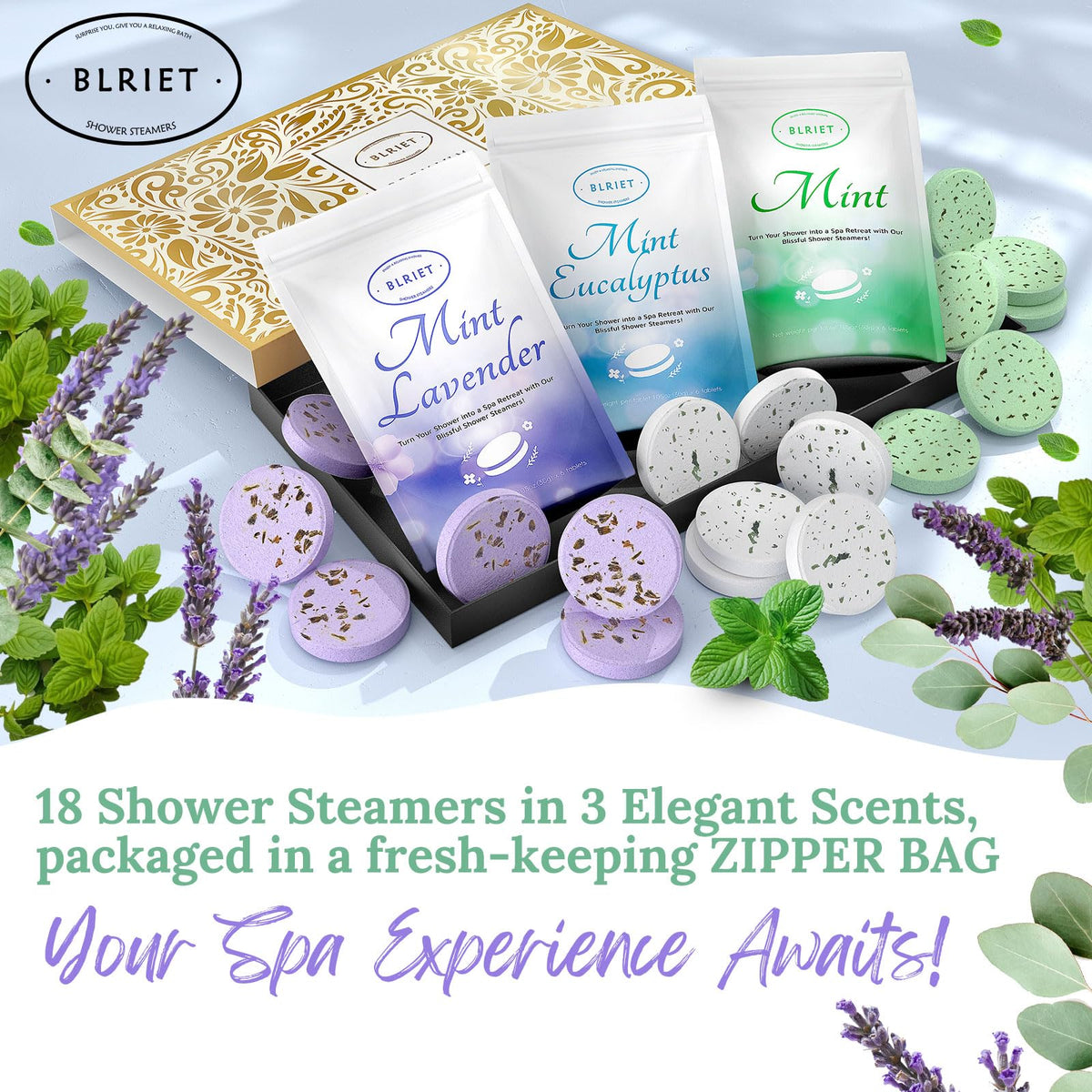 Lavender and mint shower steamers dissolving in steam