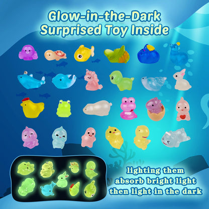 BYGGVIR children bubble bath fizz dissolving in water to reveal a hidden glow-in-the-dark animal figurine.