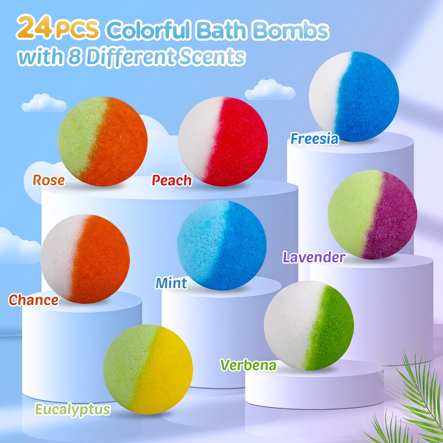 BYGGVIR colorful organic bath bombs collection displaying the various kid-friendly essential oil fragrances.