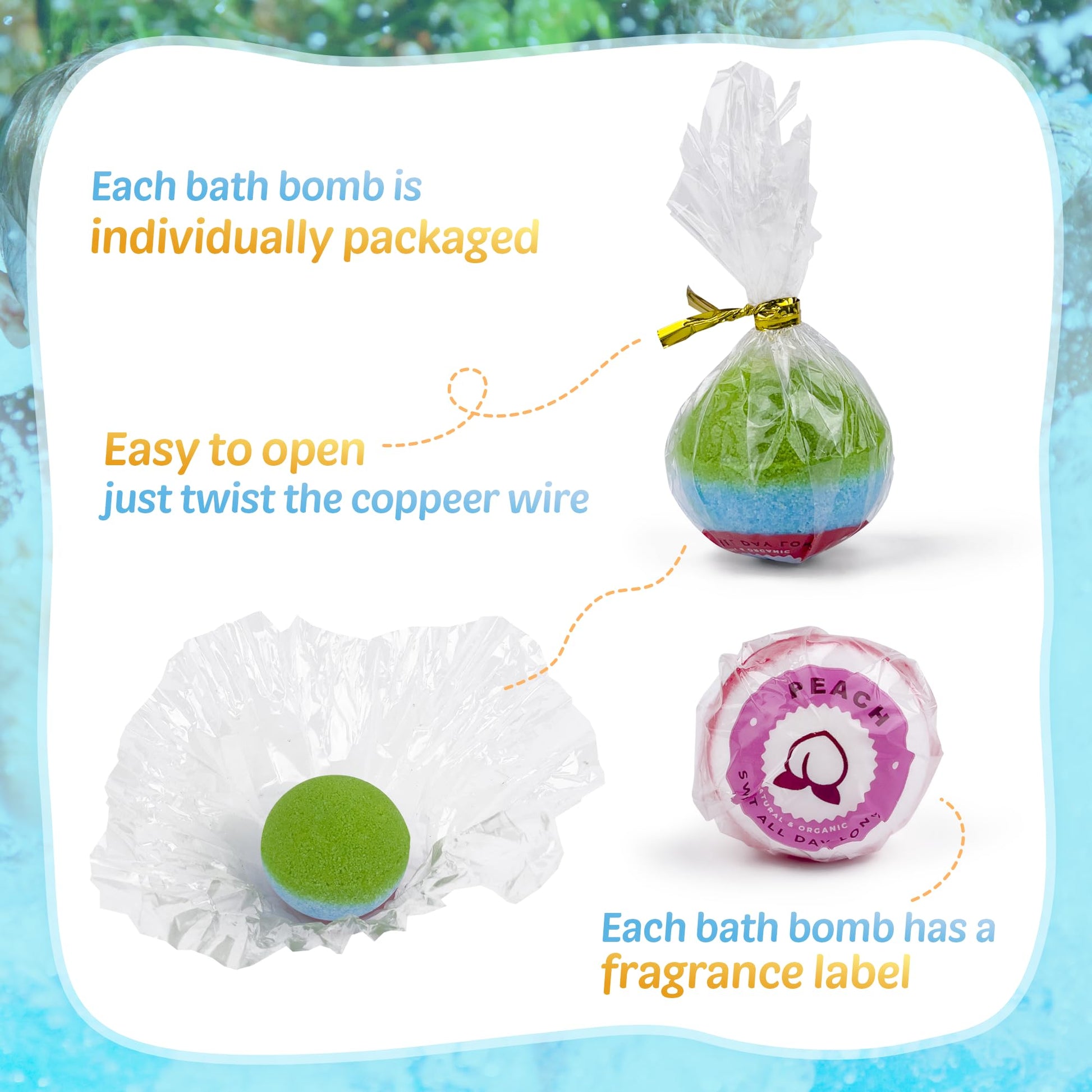 BYGGVIR imported gift set for boys and girls displaying twenty four uniquely wrapped natural bath fizzies.