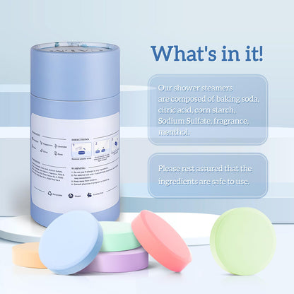 Close up of a premium natural fragrance shower tablet showing the built in cut line design for dual use.