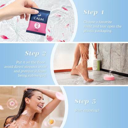 Residue free natural formulation shower tablet being placed in a soap dish to activate wellness aromatherapy.