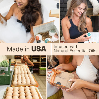Six large handmade aromatherapy bath bombs neatly arranged inside a beautiful premium gift box for men and women