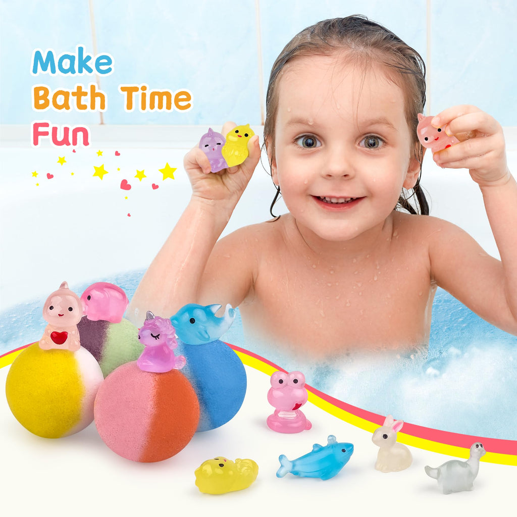 Yekery kids bath bomb set demonstrating glowing toy features in dark water