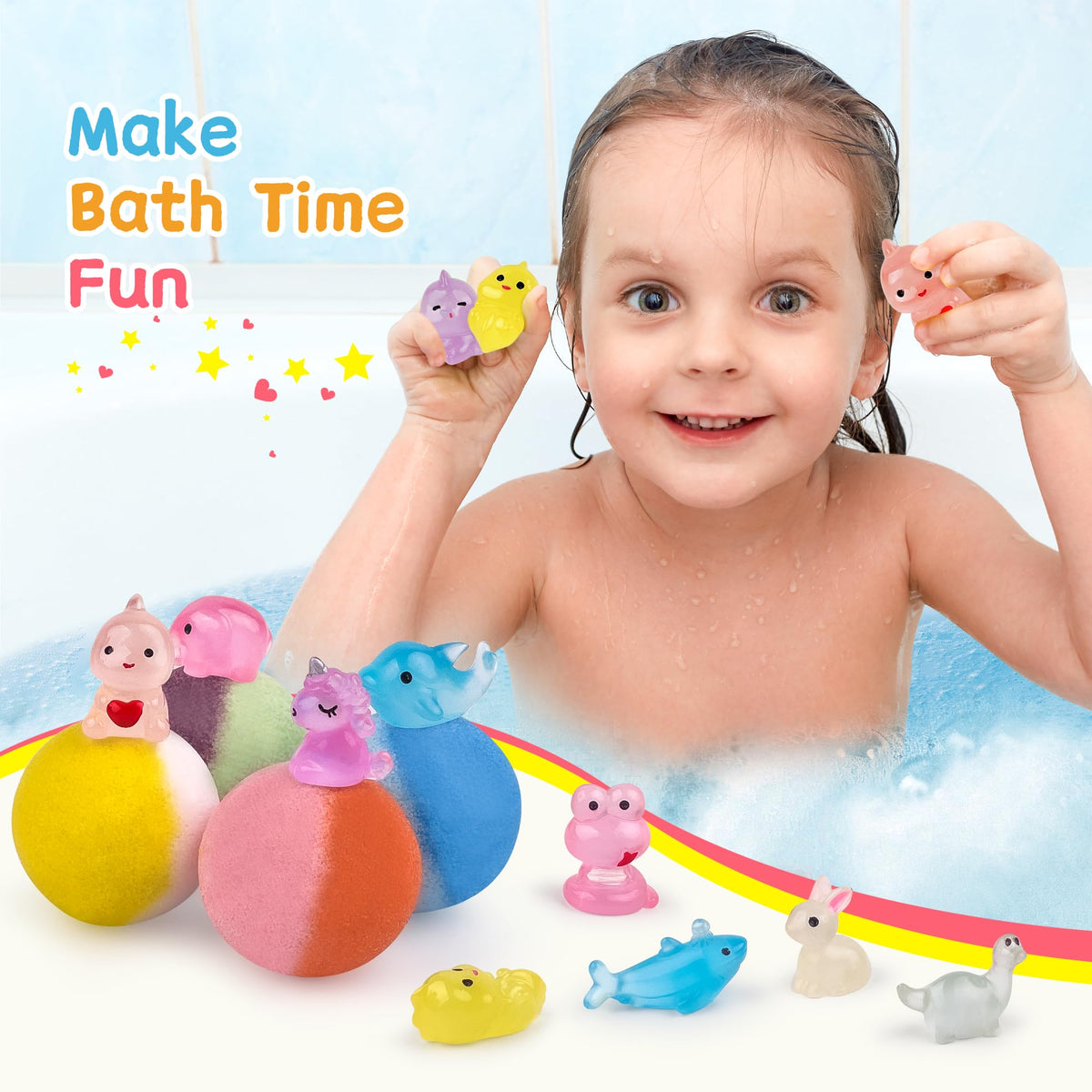 Yekery kids bath bomb set demonstrating glowing toy features in dark water