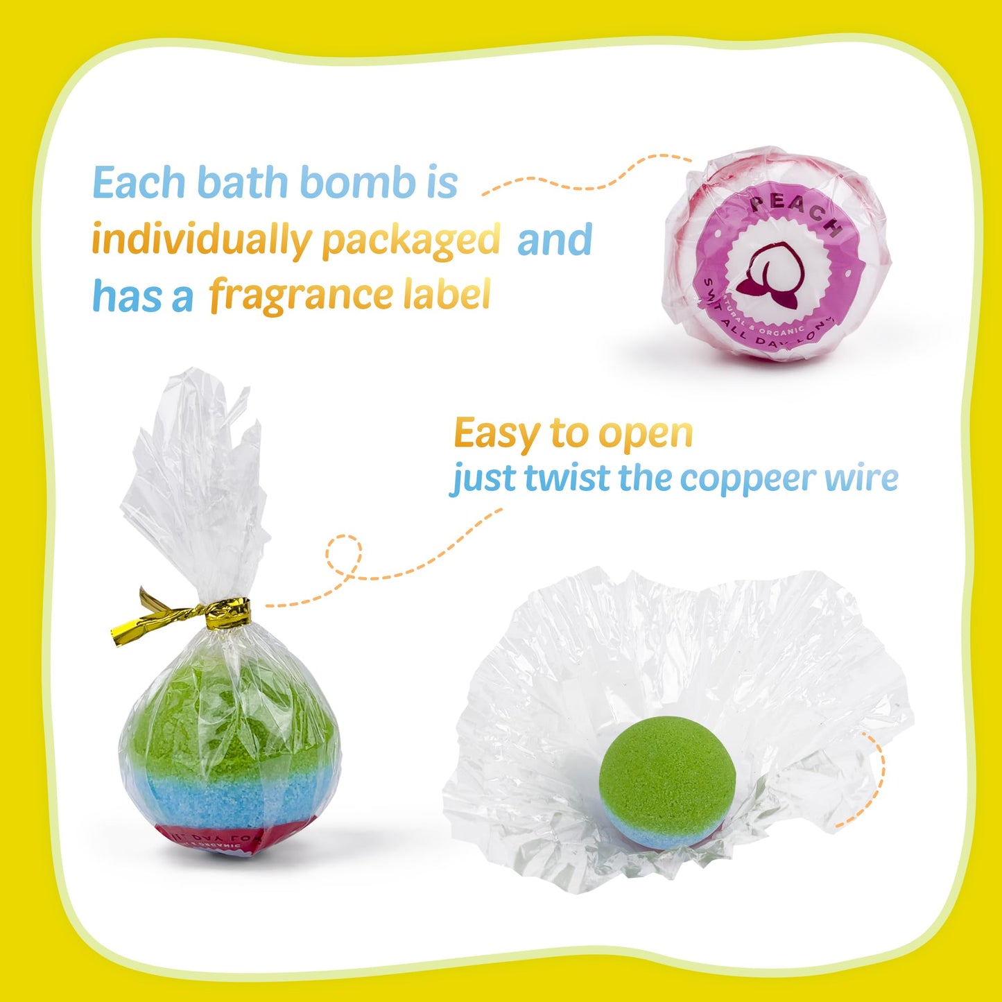 Eight unique scents chart showcasing lavender peach mint and eucalyptus variants of kids bubble fizzers