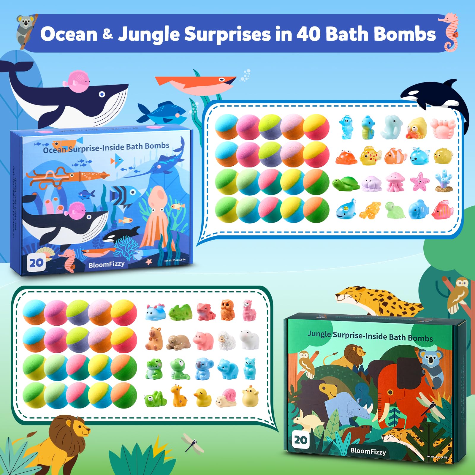 Individually wrapped colorful children bath fizzers displayed with hidden surprise resin animal toys.