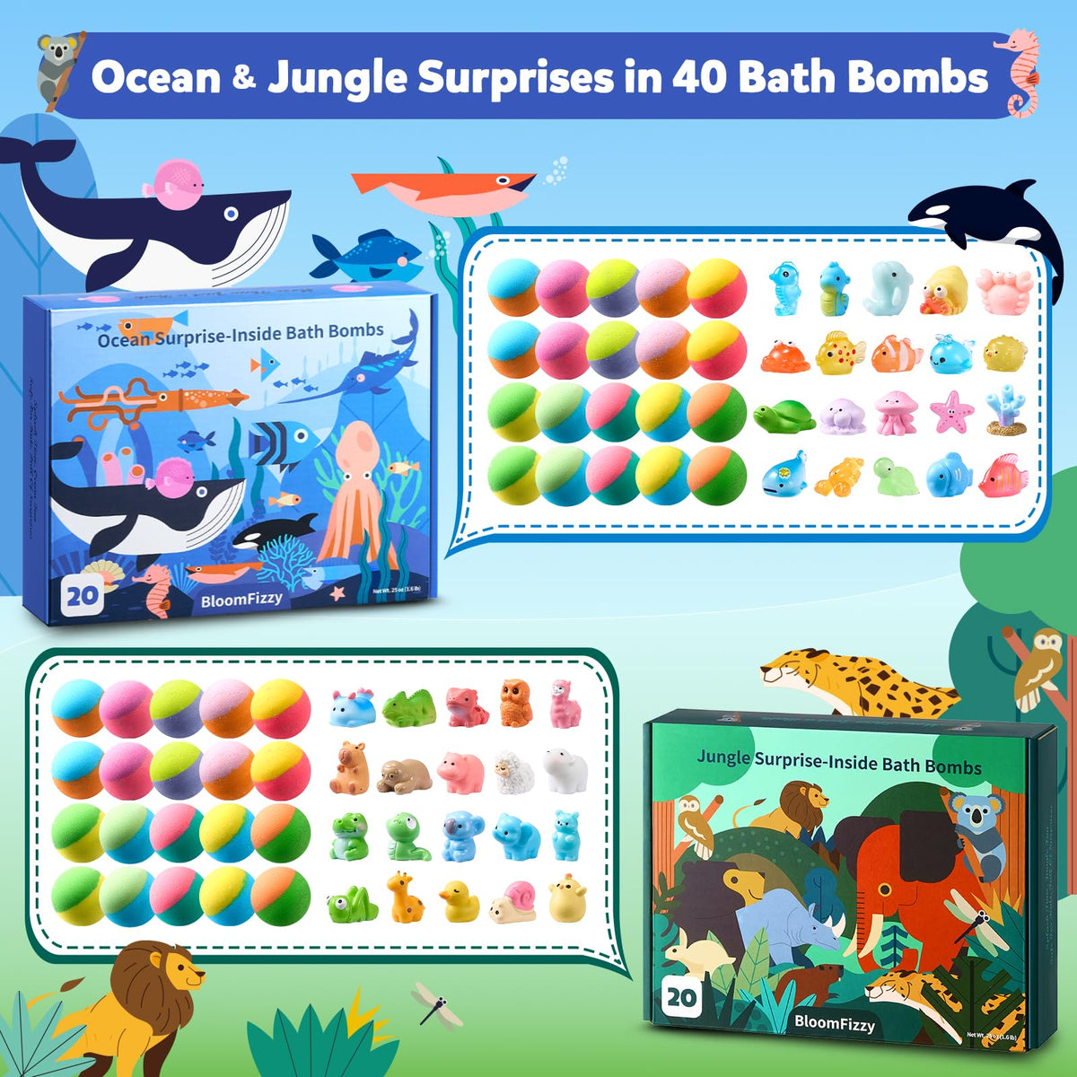 Open packaging showing ocean and jungle themed boxes