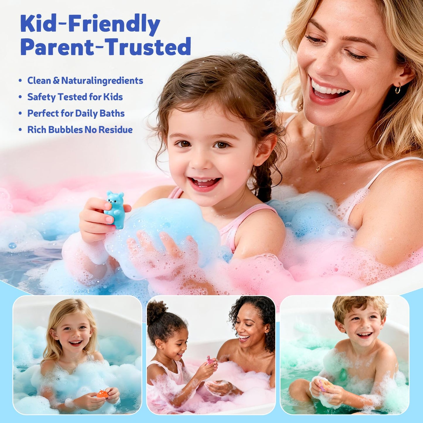 Child safe bath bomb dissolving in warm tub water releasing vibrant non staining colors.