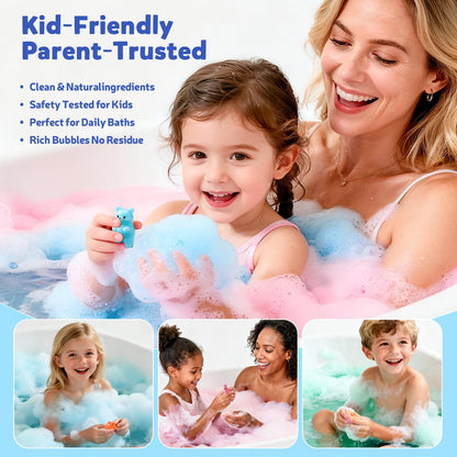 Child safe bath bomb dissolving in warm tub water releasing vibrant non staining colors.