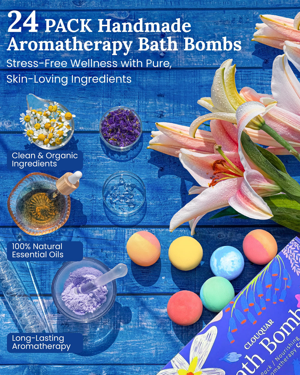 Clouquar aromatherapy bath bombs neatly arranged in packaging box