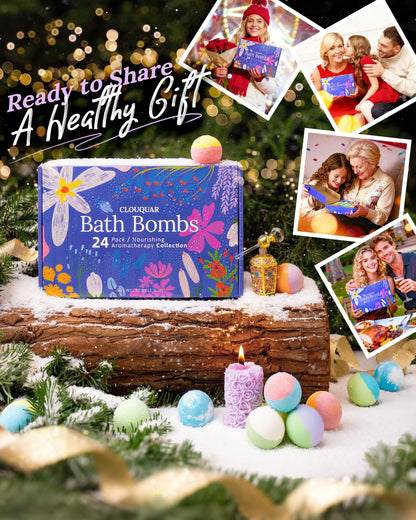 Clouquar bath spa kit opened up to showcase all twenty-four pieces of multicolored refreshing bath balls.
