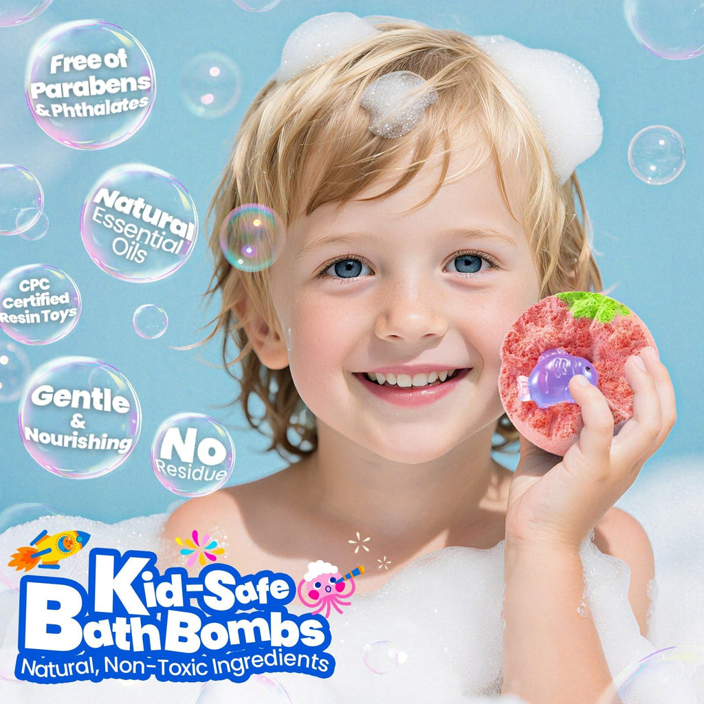 BubbleTail fizzy bath bombs array with glow toys