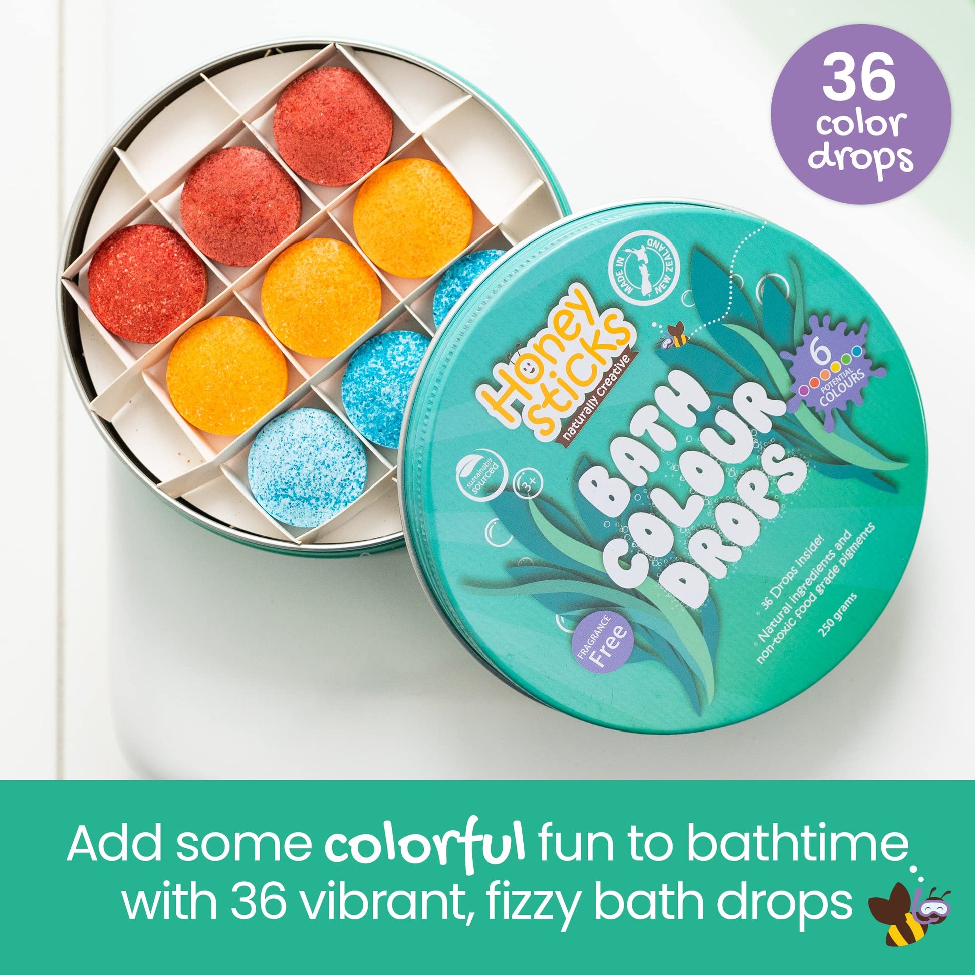 Honeysticks non toxic bathtub drops showing red yellow and blue primary colored tablets