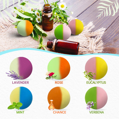Handmade fizzing bath spheres displaying vibrant colors and botanical textures