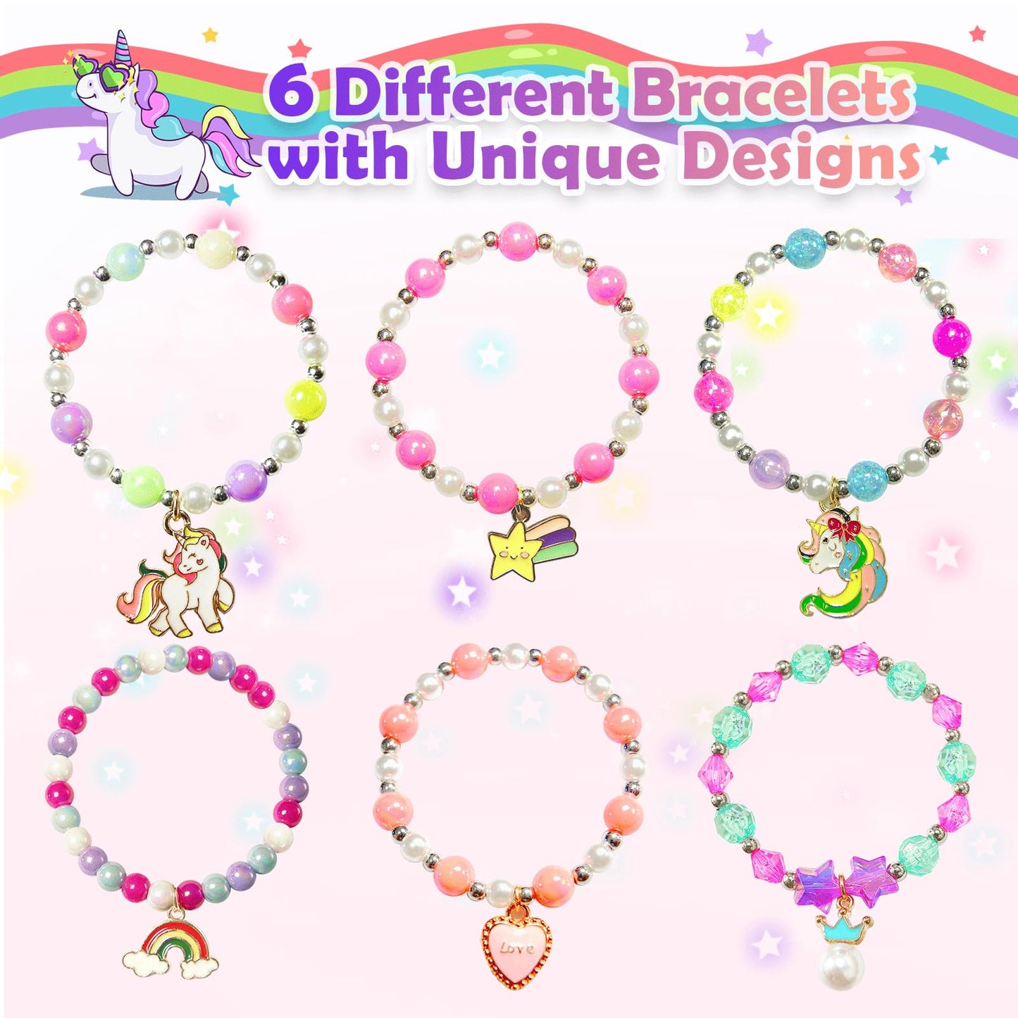 Unicorn charm bracelets floating in water after bath bomb dissolves.