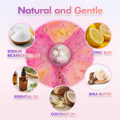 Kid safe natural bubble bath setting with colorful fizzing water.