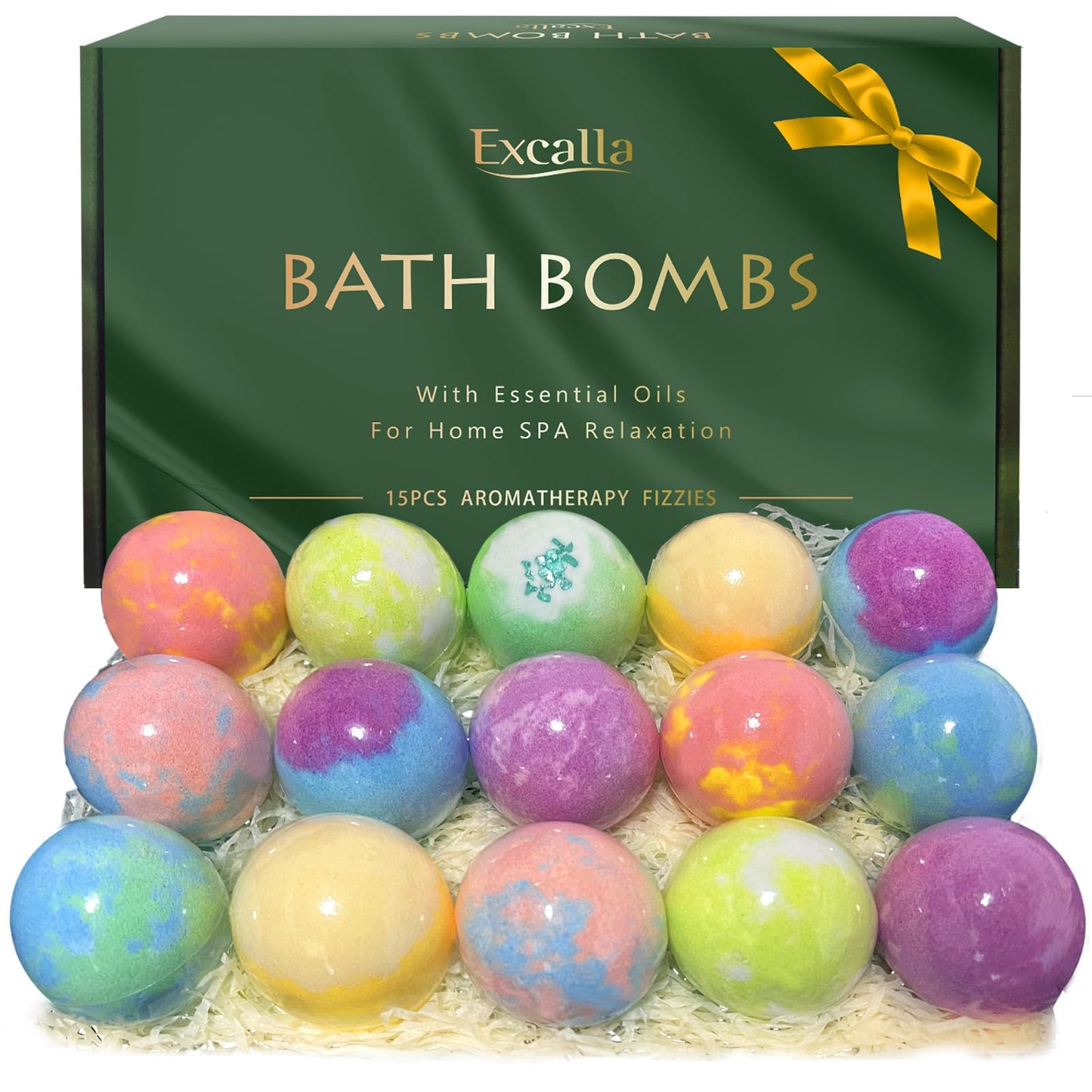 Excalla fifteen piece aromatherapy bath bomb assortment displaying individual labels.