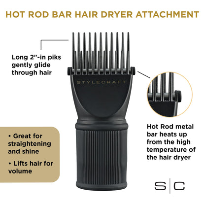 Close up of StyleCraft hair dryer comb teeth and aluminum bar