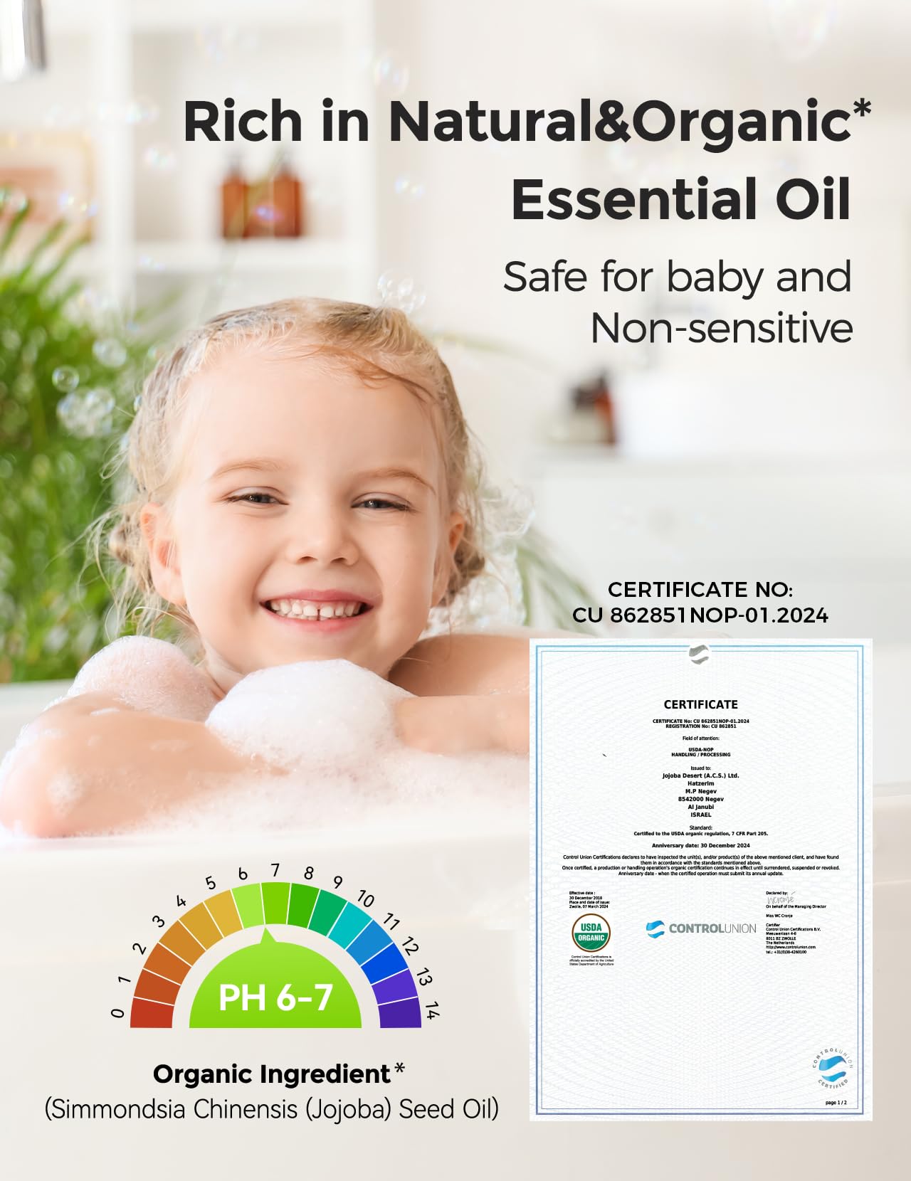 Momcozy safe non irritating pH 6 formula ingredients display with jojoba seed oil