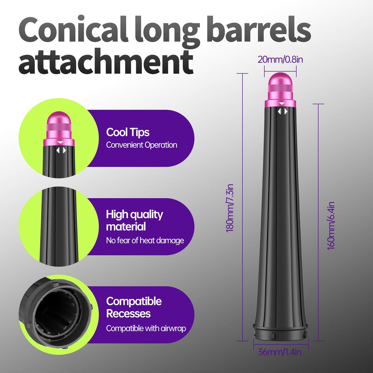 Close up of 20-36mm tapered curling barrel surface