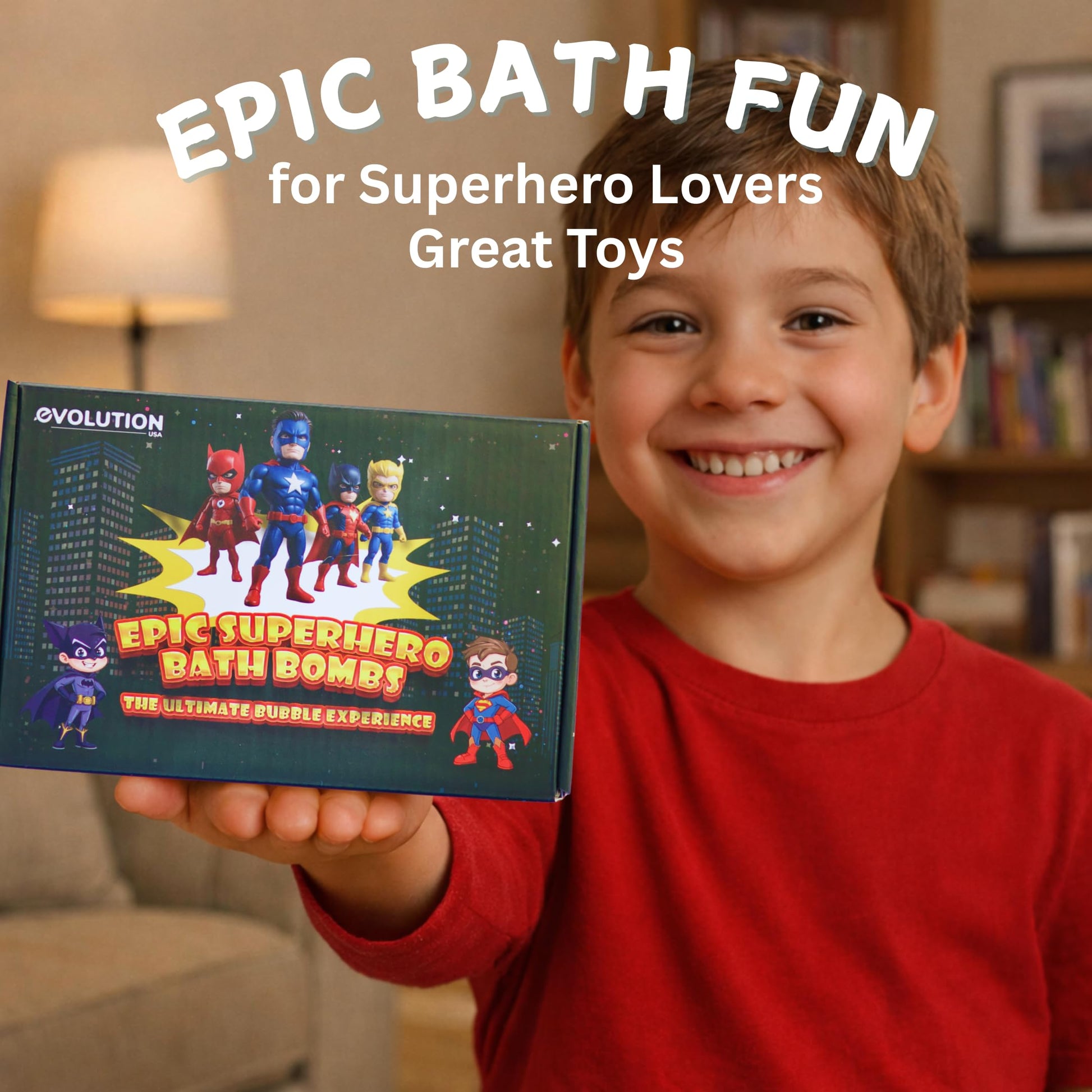 EvolutionUSA kids superhero bath balls dissolving in water creating vibrant colorful bubbles.