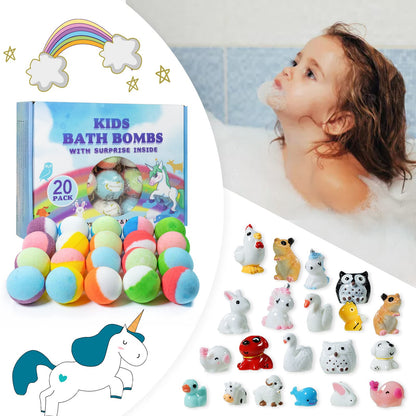 Child safe bath balls with surprise animal toys revealed after fizzing.