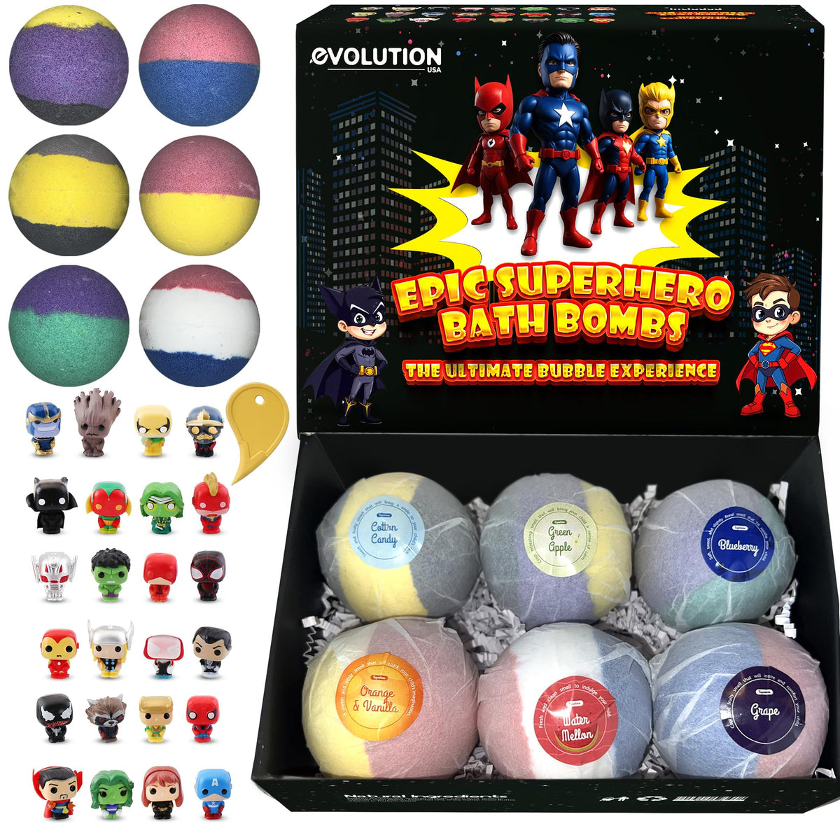 Lifestyle image of happy kids enjoying a fun bath time with superhero fizzers