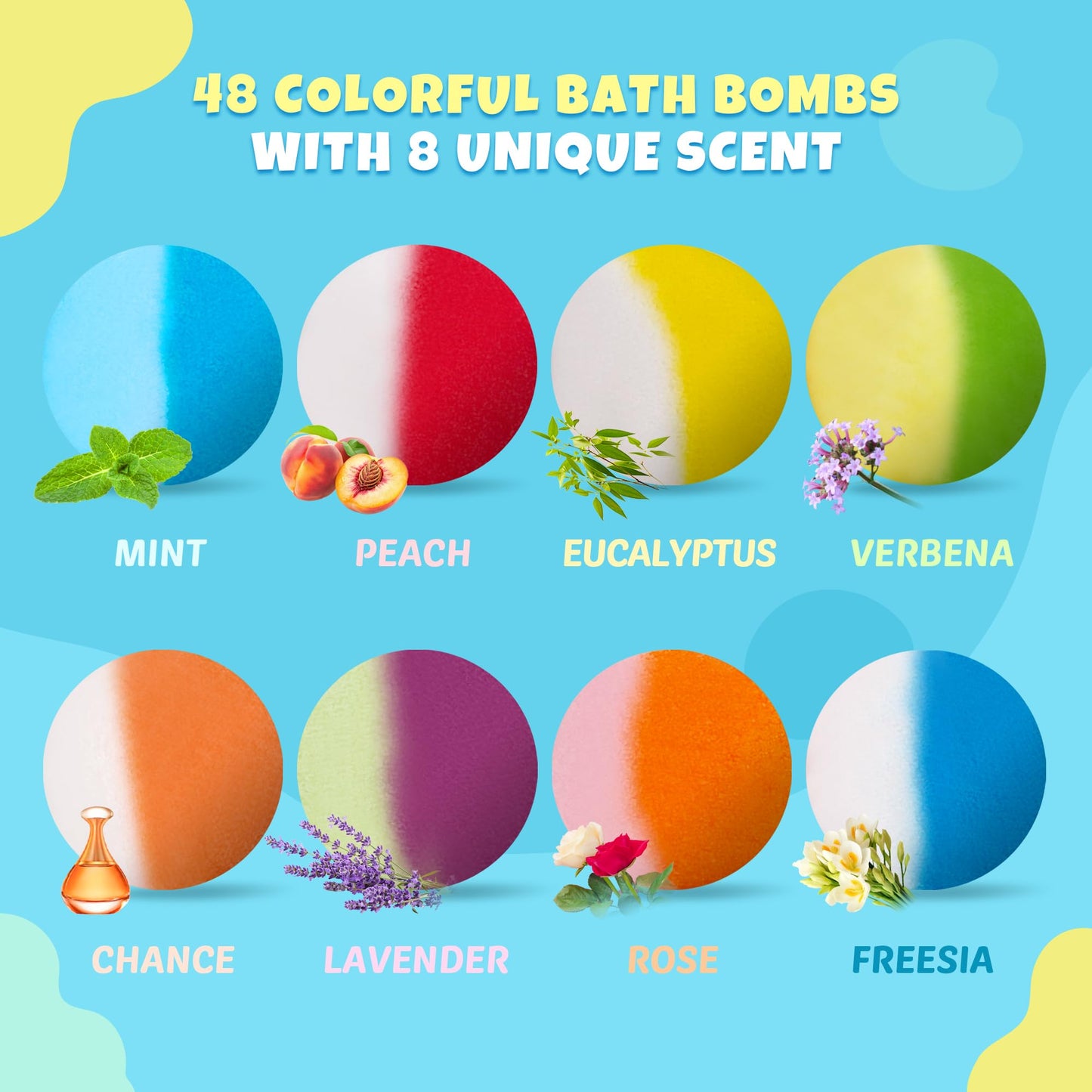 Skin safe natural ingredients bath set displaying eight unique child friendly scents