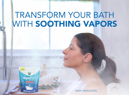 Vicks VapoBath packaging showing instructions for up to twelve comforting adult baths