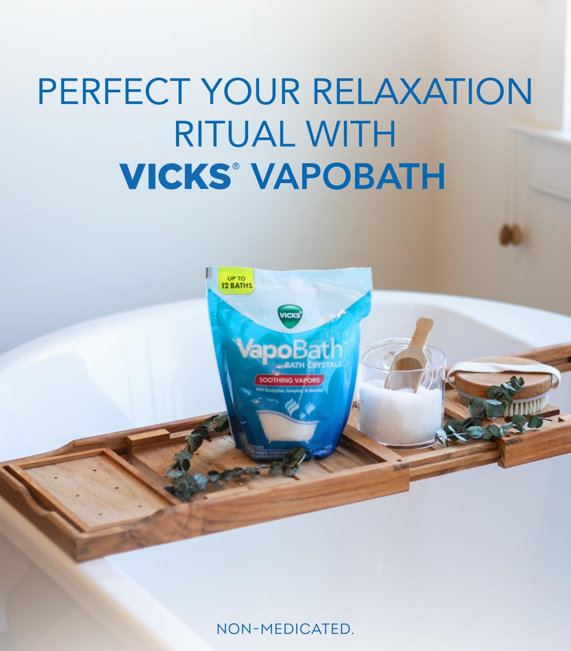 Vicks vapor bath crystals highlighting eucalyptus menthol and camphor essential oil ingredients