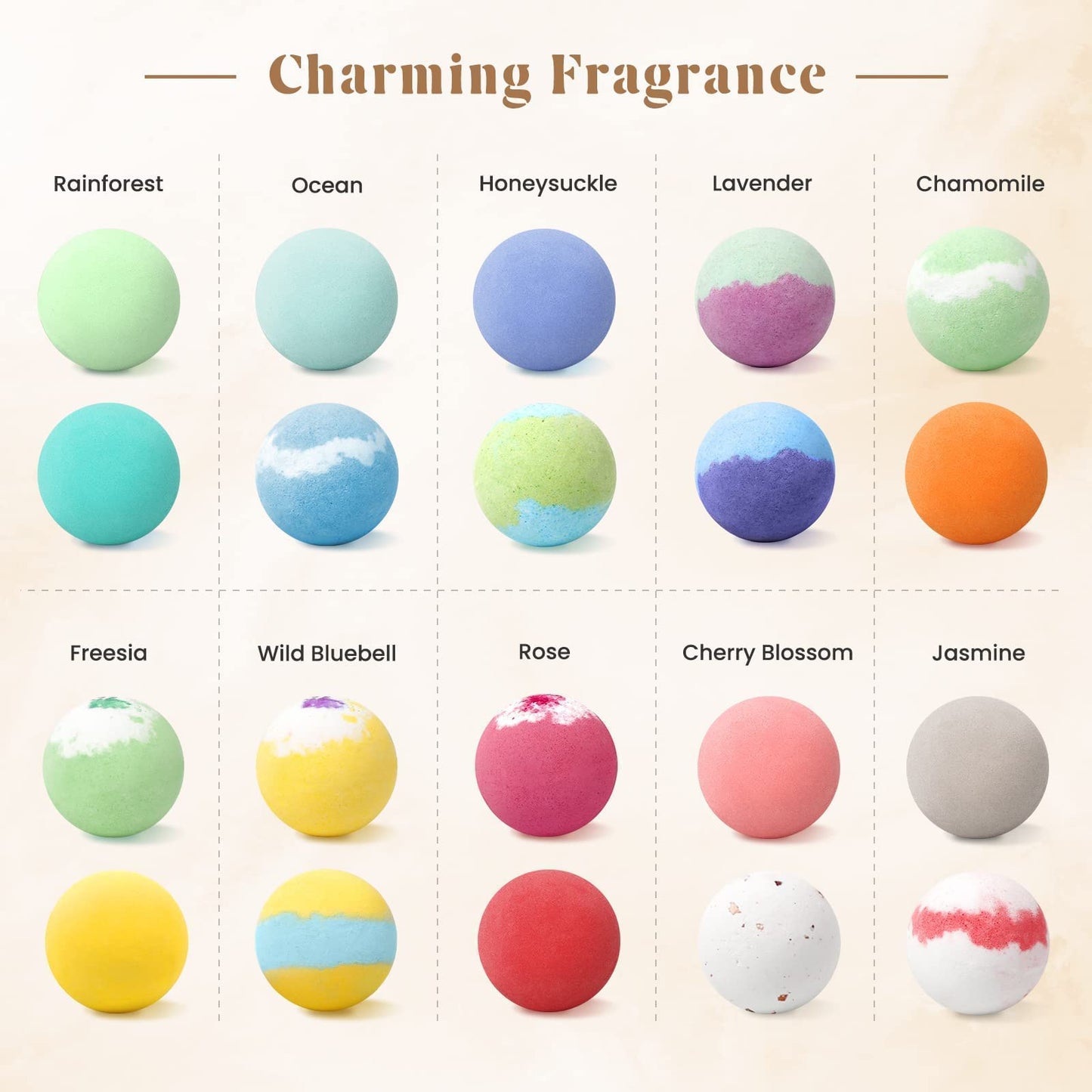 Individually wrapped multi-colored handmade bubble bath fizzies arranged neatly inside the box