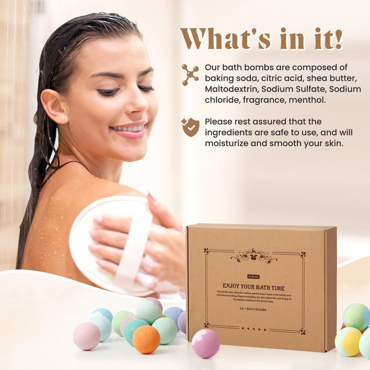 ZenBombs Bath Bombs lifestyle image featuring spa setup