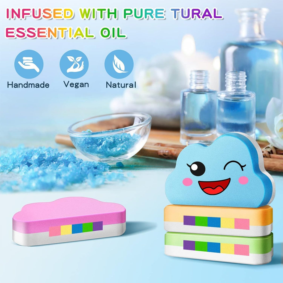 Beauwell handmade kids bath bombs showing rainbow effect