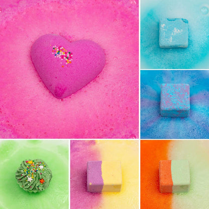 Ten count moisturizing bath balls in various shades and colors